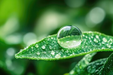 Big dew drop resting on a green leaf reflecting sunlight in spring