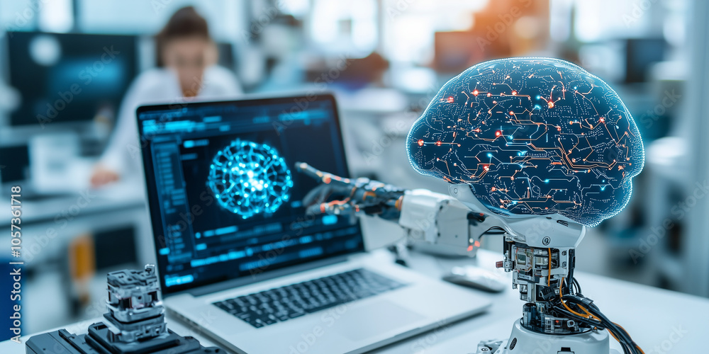 Poster robotic arm interacts with digital brain interface on laptop, symbolizing AI and technology in modern office setting. scene highlights innovation and futuristic concepts