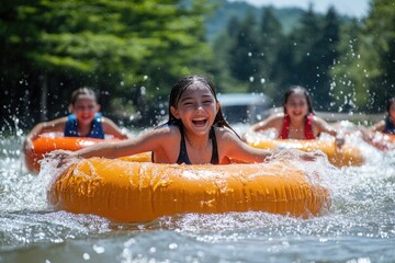 Happy children tubing down river on sunny summer day