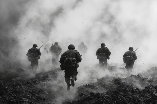 Soldiers running through smoke during military operation