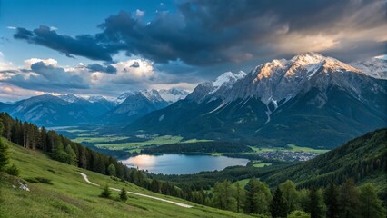 Fototapeta premium Breathtaking Panoramic View from Nordkette Mountains in Austria with Majestic Alps and Serene Lake Landscape