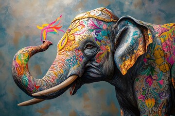 A Colorful, Decorated Elephant with Floral Patterns