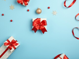 Red gift box with shiny satin bow on a festive blue background with space for text, celebration, top view