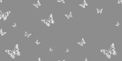 Fototapeta premium Seamless butterfly one line pattern on gray background with flying butterflies in minimalistic style for fabric, wallpaper, cover, web design illustration, cover, seamless