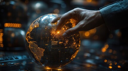 Hand touching a glowing digital globe, global network control, technology innovation, worldwide communication, data transfer, futuristic interface, international connection, cyber world, virtual 