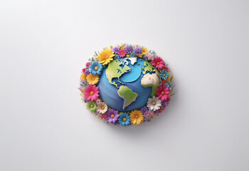 A stylized globe with a wreath of colorful flowers is shown against a white background.