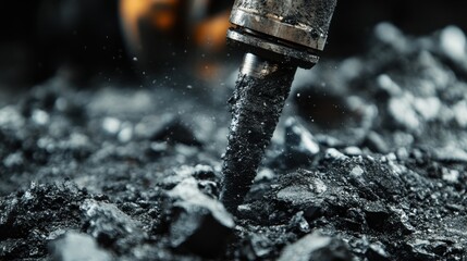 Close-up of a drill bit boring into the earth as part of a coal mining operation, with pieces