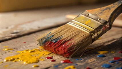 Fototapeta premium Close-Up of a Vintage Paintbrush with Colorful Paint Splashes for Artistic Photography