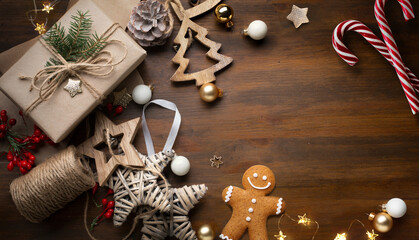 .Christmas greeting card background with Christmas gift,  cookie and handmade decoration, top view, copy space