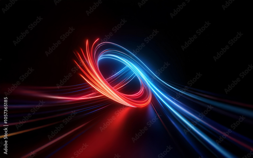 Poster two neon rings of red and blue light spin and twist on a dark background, creating streaks of light 