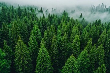 Fototapeta premium Foggy Aerial View of Dense Evergreen Forest
