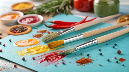Obraz premium Colorful Culinary Creations: Brushes and Food Art on Azure Canvas