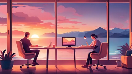 Obraz premium image of people sitting and working at home by the sea. There is a beautiful view of both the sea and the high mountains behind. The evening sky has beautiful colors such as orange, pink