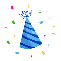 Obraz premium Party hat illustration for holiday celebration, birthday celebration, anniversary party with colorful confetti sparkle. Isolated on white background.