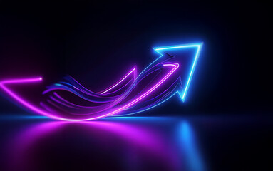 Two neon arrows, one blue and one pink, point upwards. They curve and cross over each other, creating a dynamic composition. The arrows are reflected in the glossy surface below.