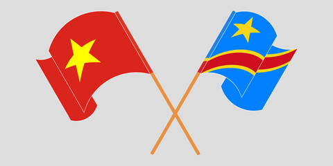 Crossed and waving flags of Vietnam and Democratic Republic of the Congo. Vector illustration