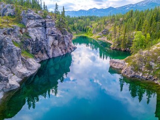 Fototapeta premium Serene Aerial View of Alpine Lake Surrounded by Rocks