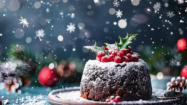 This rich Christmas pudding adorned with holly and red berries sits against a wintry backdrop.