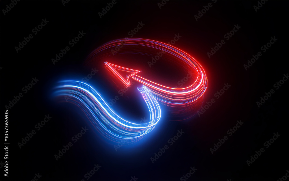 Poster two neon arrows, one red and one blue, twist and loop in opposite directions on a black background.