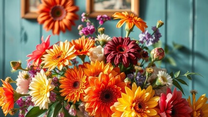 Sunlit oil painting of colorful flowers arranged elegantly on a table still life, traditional, beauty