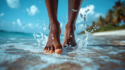 Feet splashing in the ocean waves on a sandy beach, representing freedom, relaxation, and the joy of seaside vacations in tropical coastal environments