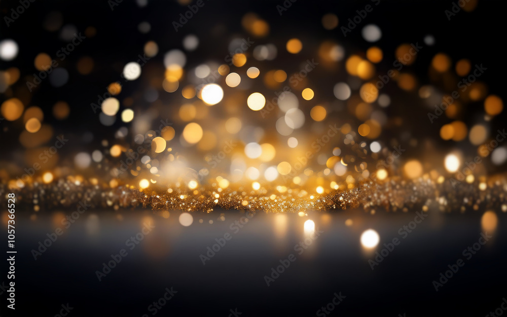 Poster A dark background with an out of focus sparkling pattern of gold and white lights at the top and bottom.