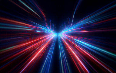 Obraz premium Abstract light streaks of red, blue, and green converge in the center, creating a futuristic and dynamic visual.