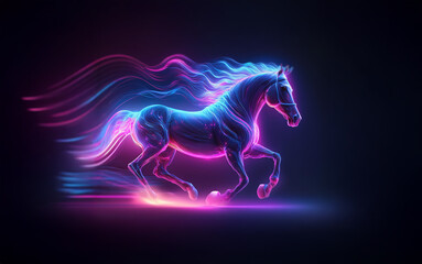 A glowing, ethereal horse runs with its mane and tail trailing behind it, creating a vibrant neon trail.
