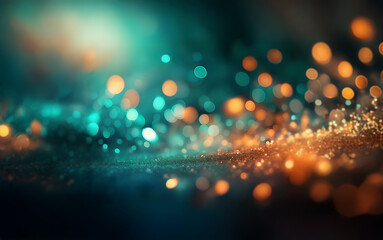 A dark background with a teal and gold shimmer.