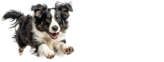 Fototapeta premium Joyful border collie jumping with excitement against a clean white background. Header banner mockup with copy space.