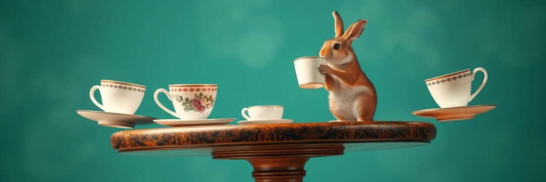 Whimsical tea party with cups and saucers suspended mid-air, hosted by mad hatter, march hare, and dormouse, eccentric, dormouse