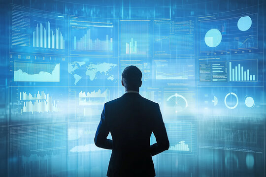A business executive analyzing data visualizations and graphs in modern office environment, showcasing insights and trends. atmosphere is focused and analytical, reflecting commitment to informed deci