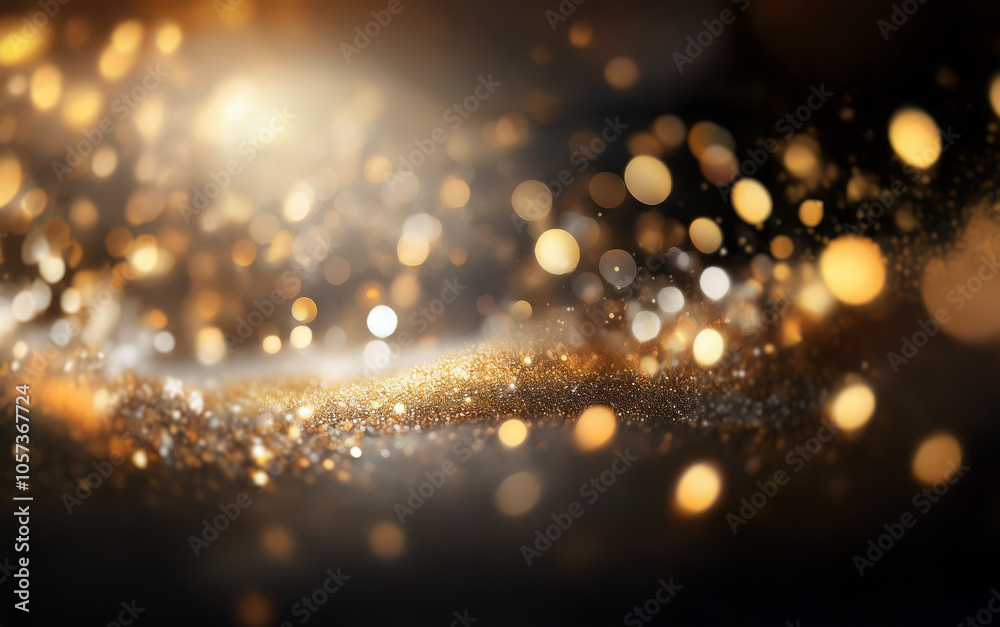 Poster a dark background with a spotlight shining down on golden sparkles and blurred lights.