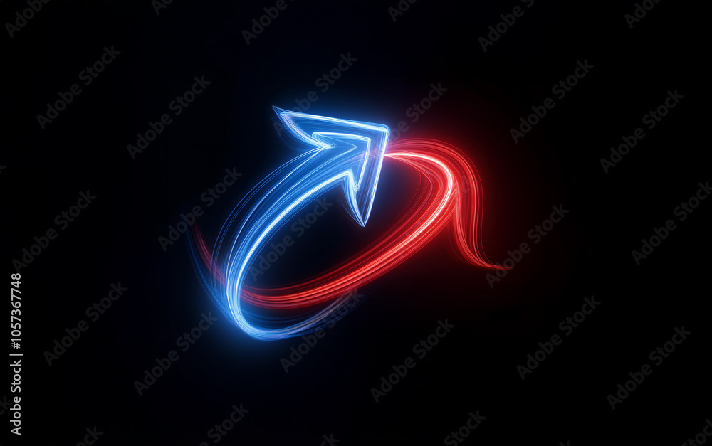 Poster a blue neon arrow pointing upward is surrounded by a red neon circle.