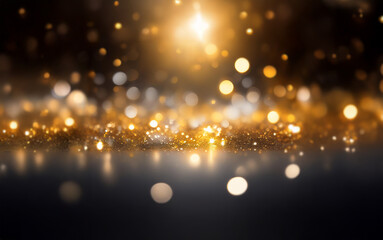 Obraz premium A dark background with an out of focus spotlight and scattered gold glitter.