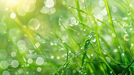 Green grass with dew drops dazzles
