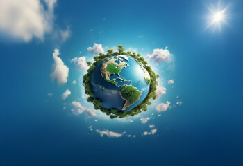 Naklejka premium A miniature Earth with green foliage around it floats in a bright blue sky with fluffy white clouds.