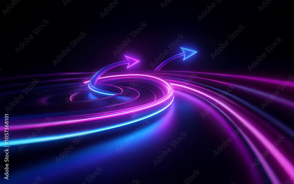 Poster two glowing neon arrows point in opposite directions as they travel along a swirling path of light o