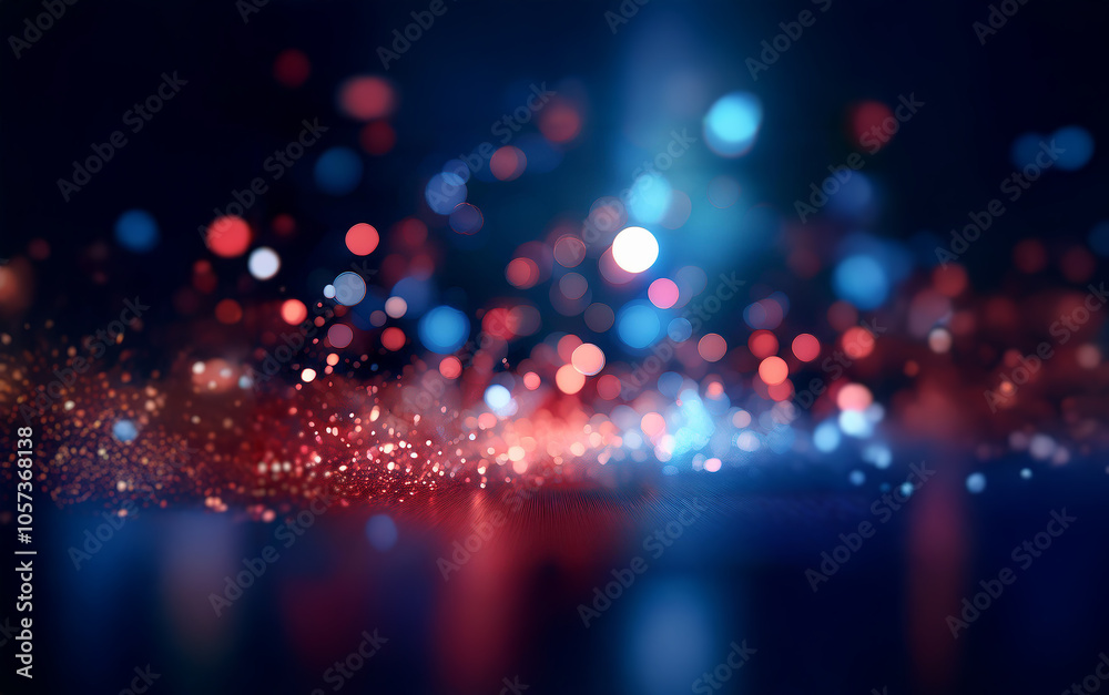 Poster a dark background with a scattering of red, blue, and white bokeh lights.