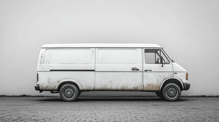 A weathered white van parked against a minimalistic background.