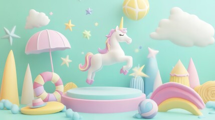 A 3D render showing a falling summer element, including a unicorn, beach ball, umbrella, hat, and a pastel display podium stand.