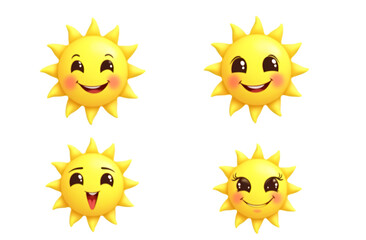 A collection of four cartoon suns with varying facial expressions, including happy, laughing, surprised
