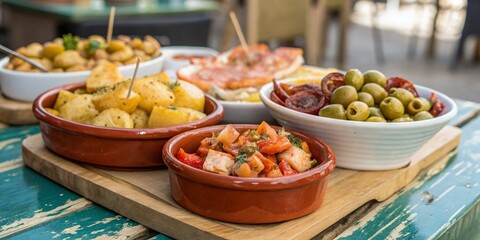 Fototapeta premium Delicious Spanish Tapas Platter with Varied Dishes and Copy Space for Text