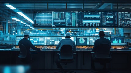 Interior of a control room at a coal-fired power plant, with engineers monitoring the plant