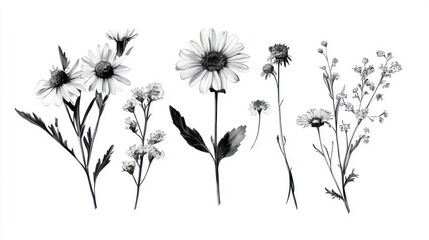 Obraz premium A black and white clipart bundle of wildflowers, a daisy and chamomile flower, botanical floral isolated elements, and modern meadow flowers