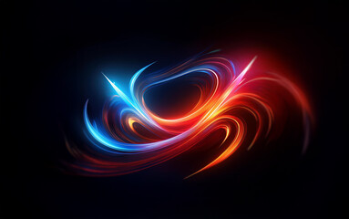 Abstract swirl of glowing blue and red light against a black background.