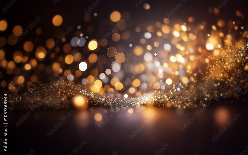 Poster A dark background with an abstract design of swirling gold and white glitter creating bokeh effect.