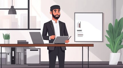 Muslim businessman delivering a presentation with a laptop and whiteboard, modern office