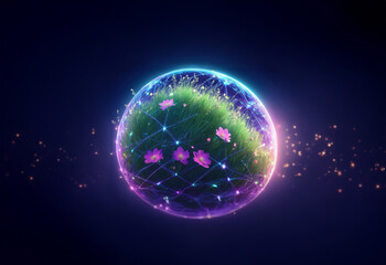 Fototapeta premium A glowing orb, pulsing with light, contains lush green grass and pink flowers, surrounded by a network of lines and a scattering of glittering particles.