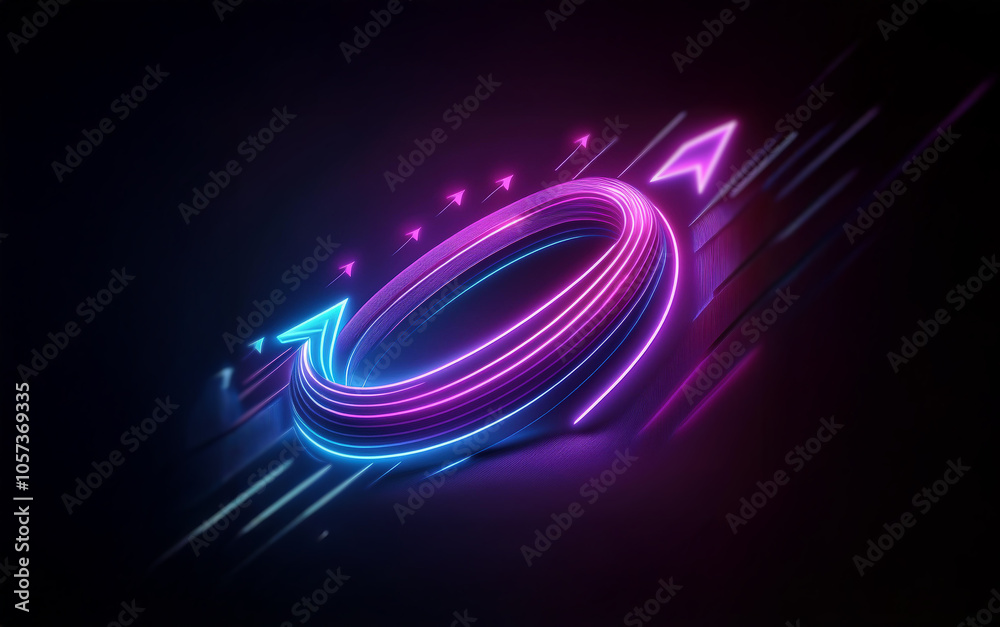 Poster a glowing, 3d neon arrow in blue and pink forms a circle shape against a dark background.